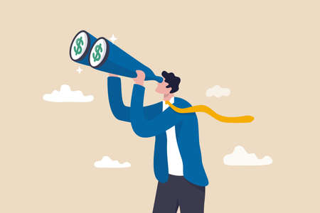Looking for investment opportunity, money visionary, searching for yield, dividend or profit in stock market concept, wealthy businessman investor look through binoculars to see money dollar sign.のイラスト素材