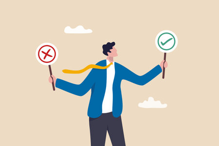 Business decision right or wrong, true or false, correct and incorrect, moral choosing option concept, thoughtful businessman holding right or wrong of left and right hand while making decision.のイラスト素材