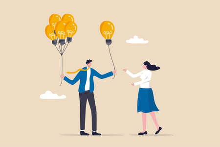 Business idea or solution offering, mentor give an advice, solution to solve business problem or help sharing creativity idea concept, smart businessman giving lightbulb idea to young employee.のイラスト素材