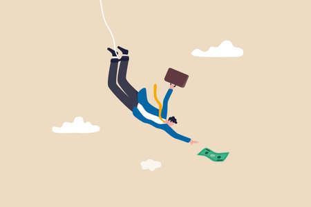 Investment risk, business challenge, adversity or take risk to earn more income, greed and fear in stock market downfall concept, skillful confident businessman bungee jumping to grab money banknote.のイラスト素材