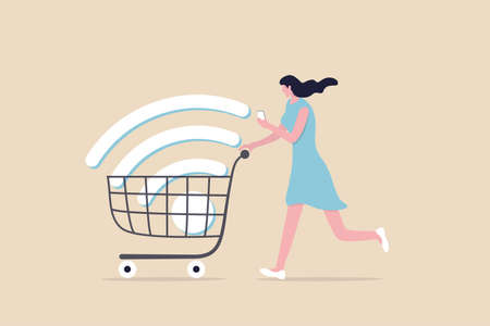 Mobile online shopping, app or website e-commerce website easy to buy and purchase products concept, happy young woman using mobile e-commerce app with big wifi sign in shopping cart trolley.のイラスト素材