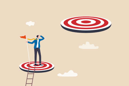 Challenge achievement or higher target, the way forward or next level, bigger business goal or aspiration concept, success businessman climb up ladder reaching goal and looking for next bigger step.のイラスト素材