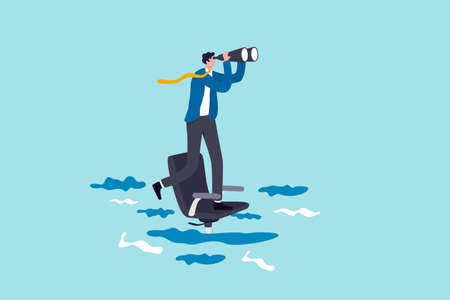 Career future or job opportunity, being ignore or overlook by boss or colleagues, uncertainty in work or career path concept, lonely businessman standing look for near future on sinking office chair.のイラスト素材