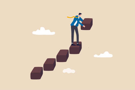 Build business success stairs, self development or career growth and job improvement, growing up or job promotion concept, businessman building staircase to progress ascending business growth.のイラスト素材