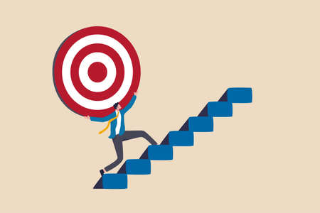 Effort and ambition to reach goal or target, challenge to win higher target, business mission or career concept, strong businessman carry big target on his shoulder walking up the stairs.のイラスト素材