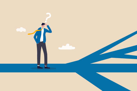 Business direction, choosing options or multiple path, make decision for career path or business growth, paradox of choice concept, confused businessman thinking make decision on multiple route ahead.のイラスト素材