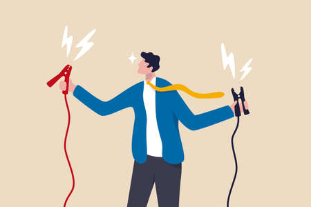 Jumpstart your career, boost or recharge motivation, coaching or mentorship to win business target concept, cheerful businessman manager holding high energy battery jumper ready to jumpstart employee.のイラスト素材