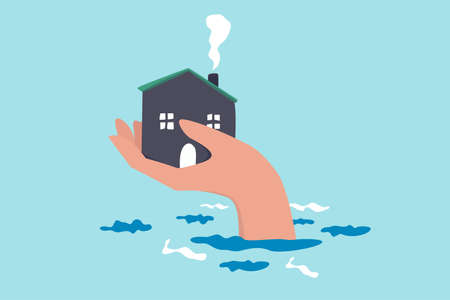 House insurance protection from disaster, safety and rescue from storm and flood, home care concept, big human hand helping house above flood water level protect from damage.のイラスト素材