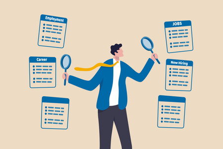 Job seeking, search for new career and opportunity, looking for employment and job vacancy concept, smart businessman using magnifying glass in both hands searching for new hiring career.のイラスト素材