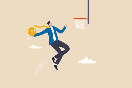 Financial achievement, aiming for savings or investment target, ambition for career development to increase income concept, skillful businessman jumping holding money coin to slam dunk basketball hoopのイラスト素材