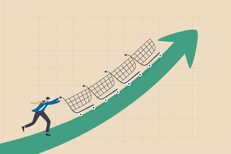Increase sales or profit, purchasing power growth or consumer spending more money, marketing strategy concept, businessman sale manager push role of shopping cart trolley up rising arrow.のイラスト素材