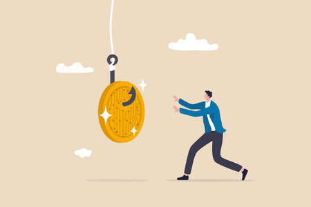 Crypto scams or fraud, liar create ICO initial coin offering to baiting greed investors or trader concept, greedy businessman running to grab bating cryptocurrency coin scam.のイラスト素材
