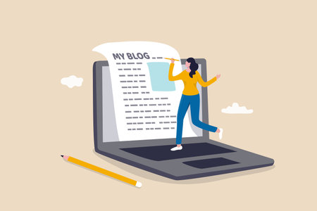Content writer or blogger, start new blog writing article online or journalism, storytelling and social marketing concept, creative young woman writing blog on paper from online laptop computer.のイラスト素材