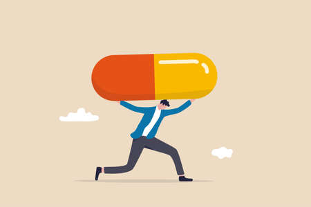 Medical debt, health care and treatment cost from Covid-19 disease, hospital expense or drug and medicine bills concept, broke bankrupt man carrying giant medicine debt burden after cure from COVID-19のイラスト素材