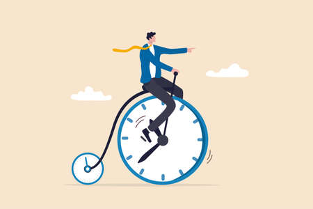 Productivity or efficiency spending time to finish work, time management or work life balance concept, businessman riding vintage bicycle with front wheel as clock and small wheel as stopwatch timer.のイラスト素材