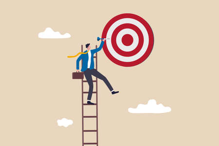 Success ladder, aspiration to achieve target, business goal or work purpose, aim for perfection concept, businessman climb up ladder high into the sky to aiming for perfect bullseye target dartboard.のイラスト素材