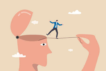 Challenge yourself, adversity or motivate self to overcome difficulty, practice or self development to be success concept, man pull the rope and let himself acrobat walk to achieve target.のイラスト素材