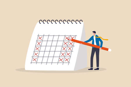 4 day work week, reduce working day to increase efficiency and productivity, flexible work day for employee benefit concept, businessman manager put holiday on calendar to make company 4 day work weekのイラスト素材