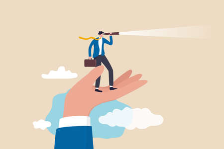 Vision to see opportunity, support or empowerment for career development, success opportunity or visionary to see journey ahead concept, businessman stand on support hand look into telescope vision.のイラスト素材