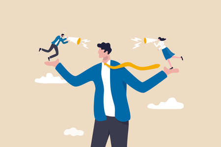 Employee voice, listen to colleague opinion or idea, choose to believe in truth, fact or liar team member concept, businessman manager or boss listening to employees shouting on both his hands.のイラスト素材