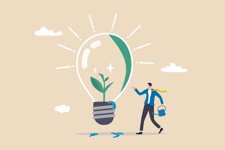 Ecology and sustainable business, green idea or protection against world climate change, environmental care concept, smart businessman watering seedling sprout growing inside green lightbulb idea.のイラスト素材