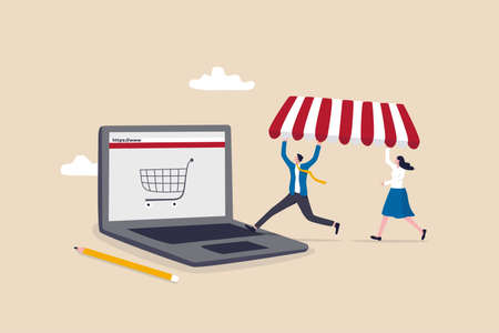 Open shop online, start e-commerce store selling product online, build website create virtual store in the internet concept, business people shop owner building new website on laptop computer.のイラスト素材