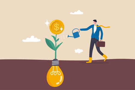 Monetize idea, make profit from creativity or innovation, earn money thinking, startup or fund raising concept, smart business watering on growing money coin seedling plant from lightbulb idea.のイラスト素材