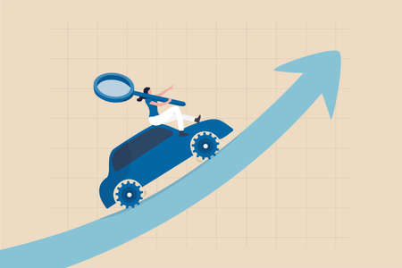 Data driven marketing using technology information to drive sell or advertising campaign, tracking user behavior analysis concept, woman marketer hold magnifying glass on data driven car growth graph.のイラスト素材