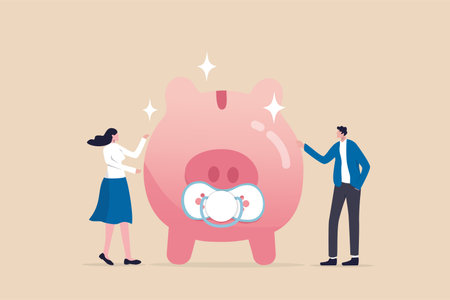 Child care expense planning, spending on having a baby or financial budget for kids concept, smart parent new father and mother with baby piggybank with teether metaphor of savings for kids.のイラスト素材