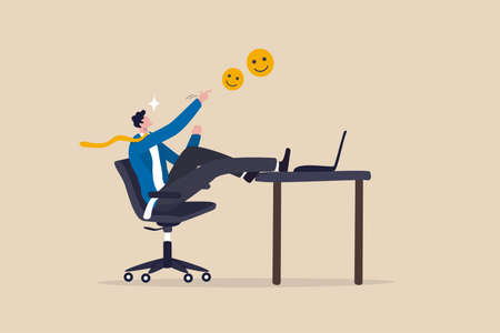 Job satisfaction, work happiness, love your career or motivation to go to work, appreciation after finish work concept, happy businessman with joyful and positive emotion celebrating his finish work.のイラスト素材