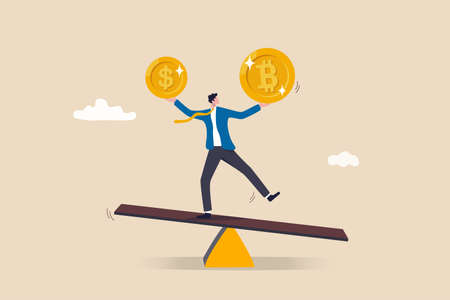 Investment portfolio with Bitcoin or crypto currency, buy or sell trading, crypto market exchange value concept, businessman investor or trader balance portfolio with dollar coin and bitcoin.のイラスト素材