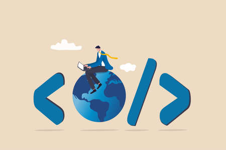 Website development, www application coding, technology create online cyberspace software connect through the internet concept, software engineer coding on laptop sitting on globe with coding symbol.のイラスト素材