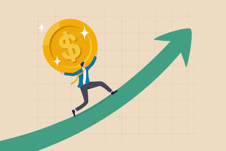 Sales increase, investment growth or earning and profit rising up, salary or revenue growing, financial prosperity concept, strong businessman investor carry golden money coin walk up rising up graph.のイラスト素材