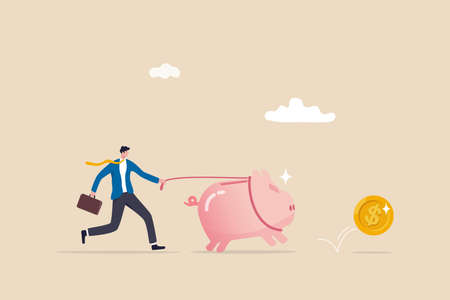 Best investment, money working for you or mutual fund return, savings or wealth management, searching for yield concept, businessman investor walking savings piggybank hunting for dollar money return.のイラスト素材
