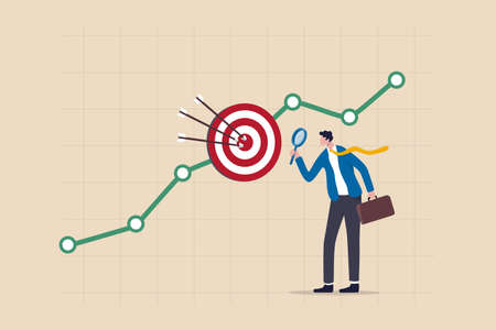 Marketing target audience research, business analysis to increase sale, target group or focused customer concept, businessman marketer holding magnifying glass analyze customer data graph and chart.のイラスト素材