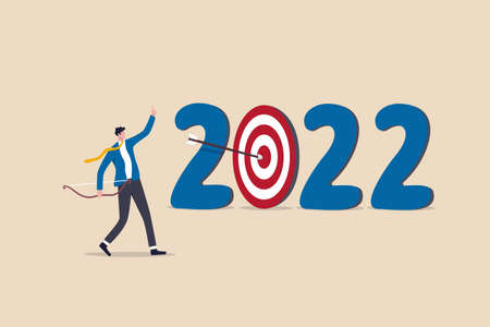 Year 2022 business target or personal development goal, new year resolutions, success plan or career achievement concept, ambitious businessman shoot arrow at target bullseye of year 2022 number.のイラスト素材