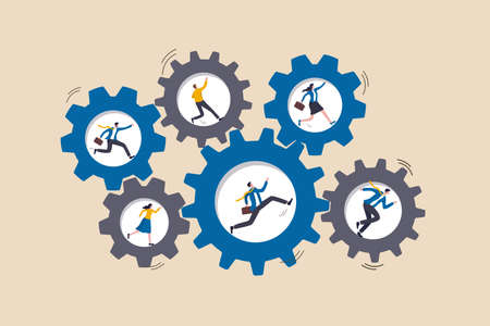 Teamwork collaborate to achieve business goal, team members help and support, cooperate or partnership concept, businessman and woman running on cogwheel or gears rotate in sync to get work done.のイラスト素材