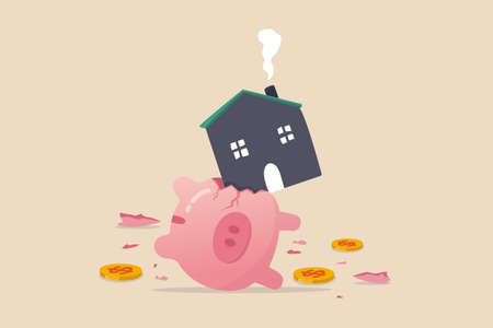 House expense and cost, too expensive payment or high interest rate mortgage concept, heavy house broke savings piggybank metaphor of too much payment and cost.のイラスト素材