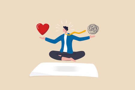 Stress management balance between work concentration and mental health, work life balance or meditation and relax, businessman meditate floating balancing messy chaos and work passion heart shape.のイラスト素材