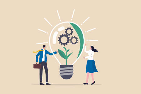 ESG, Environmental, Social and Corporate Governance, company responsibility to care world environment and people concept, business people touch light bulb with seedling green plant and governance gearのイラスト素材