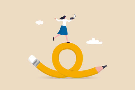 Flexible work, remote work anywhere anytime, employee choice to choose time and location for productivity and creativity concept, cheerful woman enjoy working with computer laptop on flex bent pencil.のイラスト素材