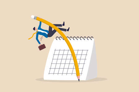 Flexible work schedule or challenge to overcome deadline or project timeline difficulty, project management or timetable concept, confidence businessman using pencil pole vault jumping over calendar.のイラスト素材