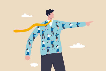 Corporate culture, people help drive company, ceo leadership or diversity and inclusive, people management concept, employee staffs together on businessman pointing finger to lead company direction.のイラスト素材