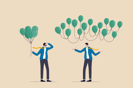 Decentralization, blockchain technology to distribute authority without center, DeFi Decentralized Finance concept, businessman holding centralized balloons looking at decentralized balloons network.のイラスト素材