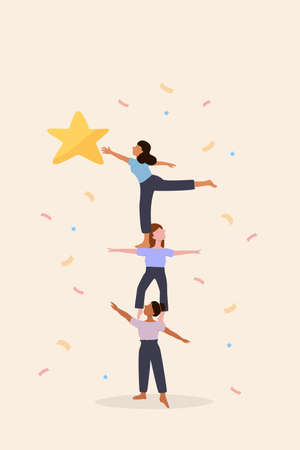 Women teamwork, good collaboration, strong partnership can help create strength to reach goal and target, women colleague do pyramid acrobat to support others to reach star, prize and win competition.のイラスト素材