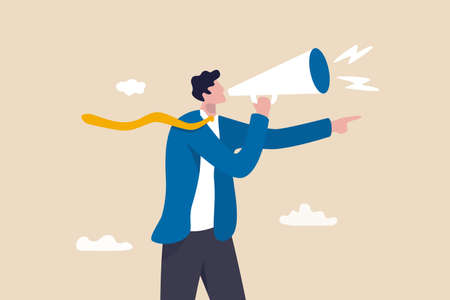Manager authority, work order or command to control employee, boss or government power to domination causing trouble, raging businessman furious shouting order on megaphone and pointing finger.のイラスト素材