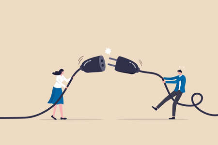 Disconnected business, broken communication, 404 or disconnect from social media distraction or monitor screen, young man and young adult woman pull electric socket plug to disconnect from internet.のイラスト素材