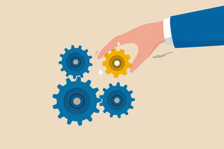 Business solution to fix problem, expertise and skill to drive success, leadership to connect business part strategy concept, businessman hand put important gear or cogwheel to make machine run good.のイラスト素材