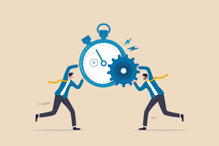 Efficiency or productivity, manage resources and time to optimize best work result, increase performance with effective process, businessman combine clock timer and gear cogwheel for best efficiency.のイラスト素材