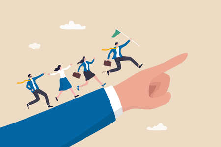 Leadership to lead team members, business direction to achieve goal or target, teamwork to success in work, businessman leader holding winner flag running lead business people on pointing finger.のイラスト素材